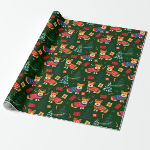 Papier Cadeau Corgis fêtera Noël- motif vert