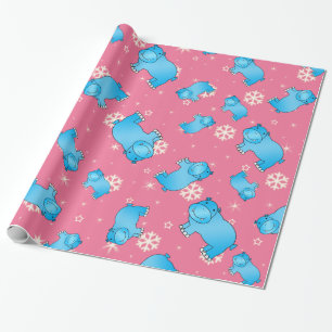 Papier Cadeau Corte bleu hippo fêtes de Noël rose