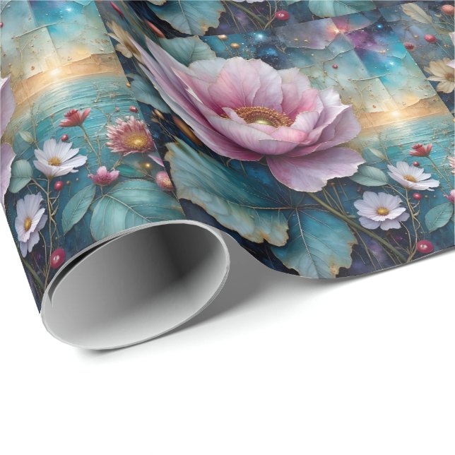 Papier Cadeau Cosmos rose et or Feuilles de teck (Coin rond)