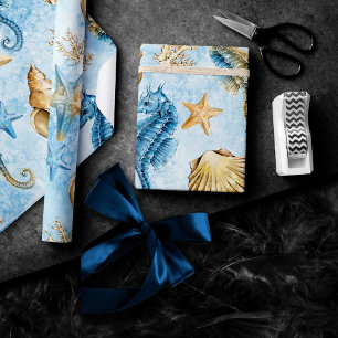 Papier Cadeau Côté Chic   Moderne bleu et or sous la mer