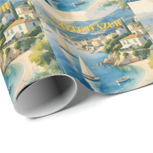 Papier Cadeau Cote D'Azur Style Vintage Voyage en France 