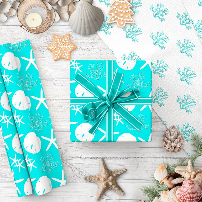 Papier Cadeau Côte Noël Starfish Sand Dollar Aqua (Créateur téléchargé)
