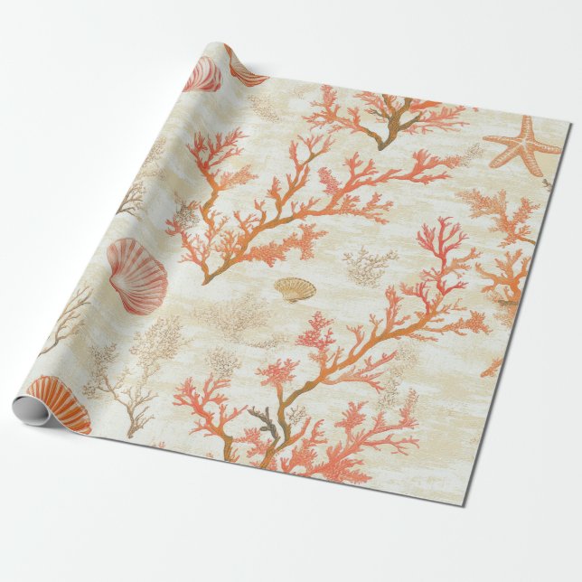 Papier Cadeau Côtière rustique - Coquillages, Poissons étoilés,  (Déroulé)