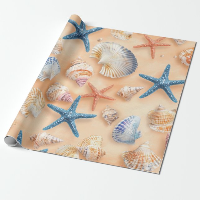 Papier Cadeau Côtière rustique - Coquillages, Poissons étoilés,  (Déroulé)