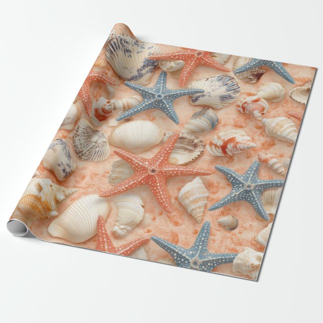Papier Cadeau Côtière rustique - Coquillages, Poissons étoilés,  (Déroulé)