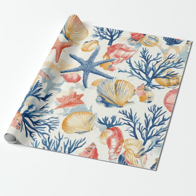 Papier Cadeau Côtière rustique - Coquillages, Starfish, Reef (10 (Déroulé)