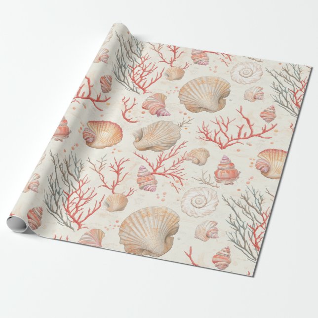 Papier Cadeau Côtière rustique - Coquillages, Starfish, Reef (16 (Déroulé)