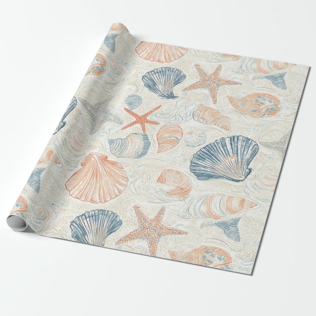 Papier Cadeau Côtière rustique - Coquillages, Starfish, Reef (25 (Déroulé)