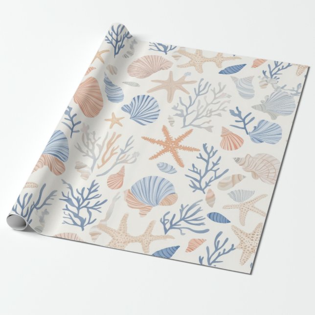 Papier Cadeau Côtière rustique - Coquillages, Starfish, Reef (34 (Déroulé)