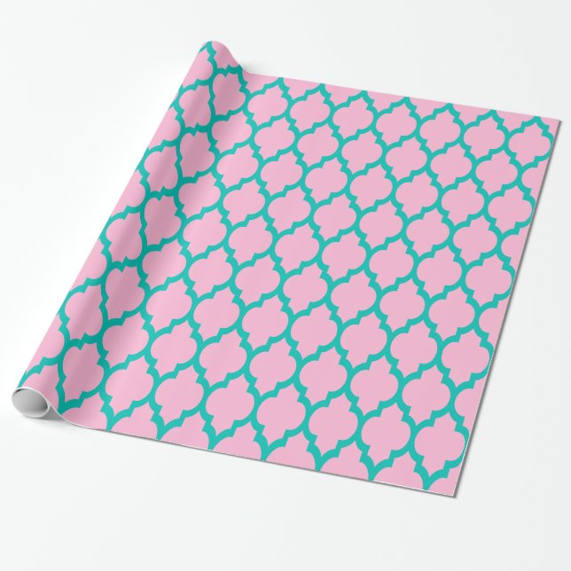 Papier Cadeau Coton Bonbon rose, Turquoise XL Quatrefoil marocai (Déroulé)