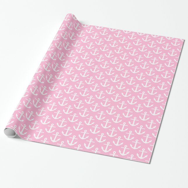 Papier Cadeau Coton Candy rose blanc Ancres nautiques Motif (Déroulé)