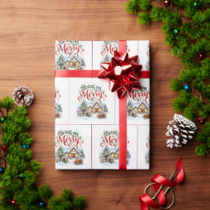 Papier Cadeau Cottage Joyeux Noël avec un vieux traîneau