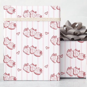 Papier Cadeau Cottagecore à main levée Rayure rose Fraise