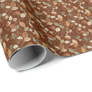 Papier Cadeau Cottagecore Broderie Brun Rouille Feuille d'Automn