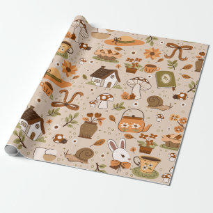 Papier Cadeau cottagecore escargots champignons thé beige rustiq