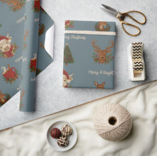 Papier Cadeau cottagecore rustique joyeux noël animaux & cacao