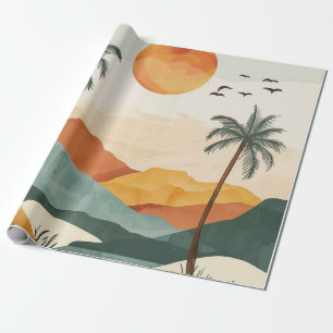 Papier Cadeau Coucher de soleil rétro tropical montagne orange d