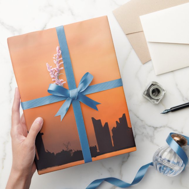 Papier Cadeau Coucher de soleil sur une ville balnéaire - aquare (Cadeaux)