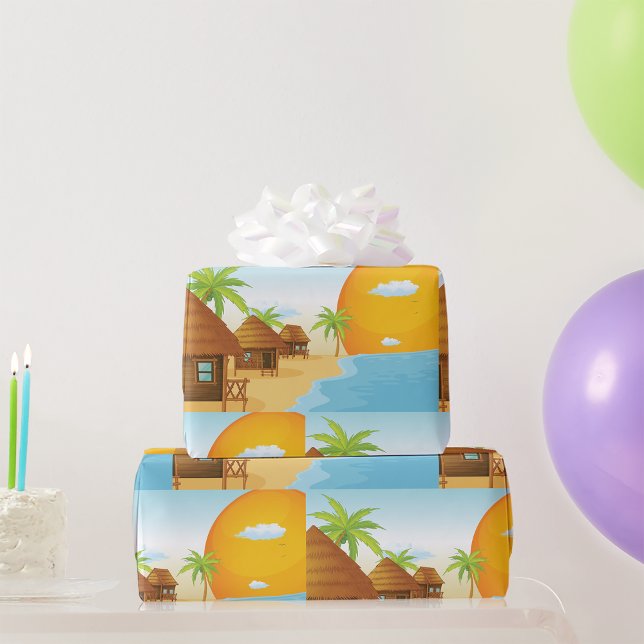 Papier Cadeau Coucher de soleil tropical avec des huttes de chau (Créateur téléchargé)