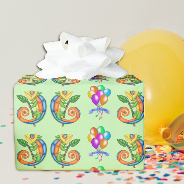Papier Cadeau Couleur Cute Lizards Bunches Ballons Anniversaire (Fun colourful lizards bunches of bright balloons on light green roll of happy Birthday gift paper.)