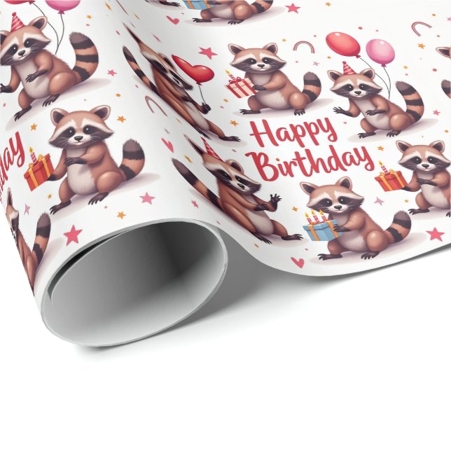 Papier Cadeau Couleur d'eau douce Brown Raccoon scène d'annivers (Coin rond)