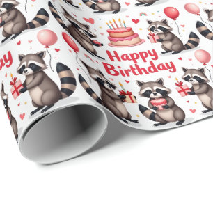 Papier Cadeau Couleur d'eau douce Raccoon scène d'anniversaire -