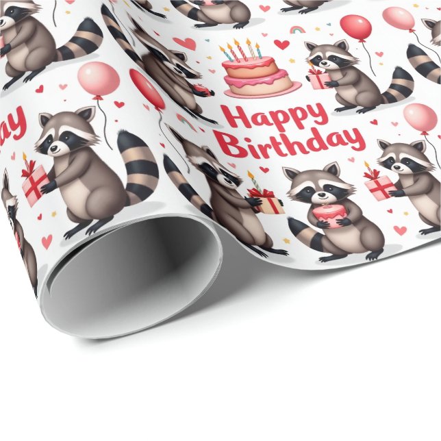 Papier Cadeau Couleur d'eau douce Raccoon scène d'anniversaire - (Coin rond)