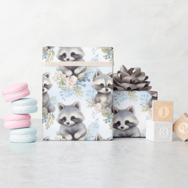 Papier Cadeau Couleur d'eau douce Raccoons - (Baby Shower)