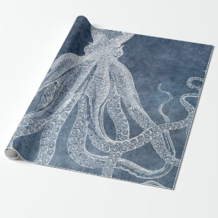 Papier Cadeau Couleur d'eau octopus bleu crémeux Vintage