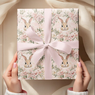 Papier Cadeau Couleur d'eau - Visages de lapin et couronne de fl