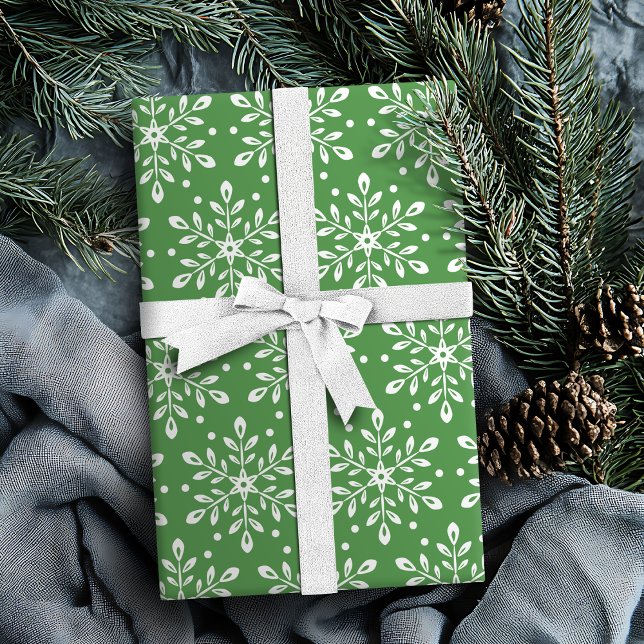 Papier Cadeau Couleur Editable Vert Feuilles Snowflakes Noël (Color Editable Green Leaves Snowflakes Christmas Wrapping Paper)