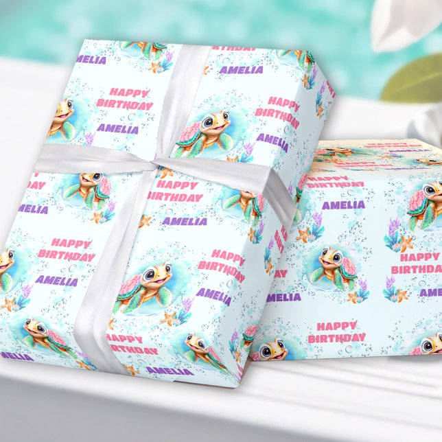 Papier Cadeau Couleur mignonne Happy Sea Turtle Nom 1er annivers (Colorful Cute Happy Sea Turtle Name 1st Birthday Wrapping Paper)