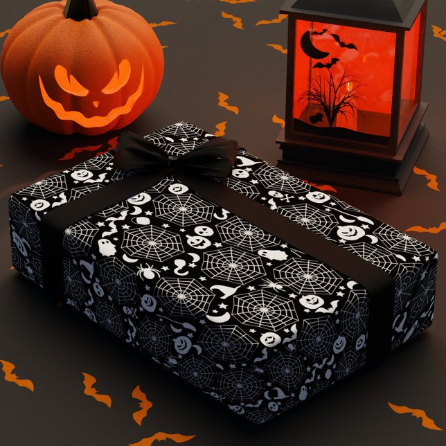 Papier Cadeau Couleur personnalisée pour les toiles d'araignées (Spiderwebs Halloween Custom Color Wrapping Paper)