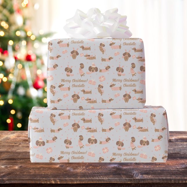 Papier Cadeau Couleurs modifiables Dachshund de Noël rose avec n (Créateur téléchargé)