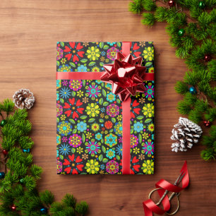 Papier Cadeau Couleurs Néon Sur Motif Floral Rétro Sans Couture