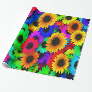 Papier Cadeau Couleurs néons Fleurs de soleil Grande impression