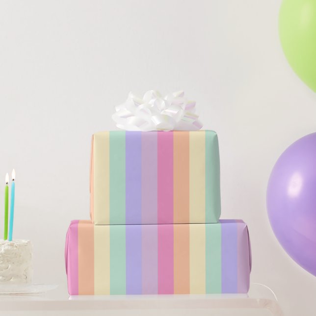 Papier Cadeau Couleurs pastel rayées rose jaune bleu violet (Cadeaux de fête)