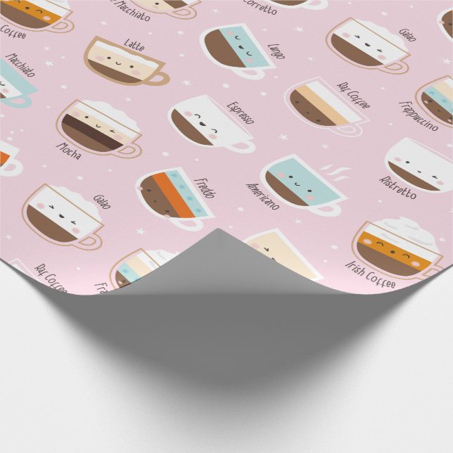 Papier Cadeau Coupes de café mignonnes sur rose clair (Coin)