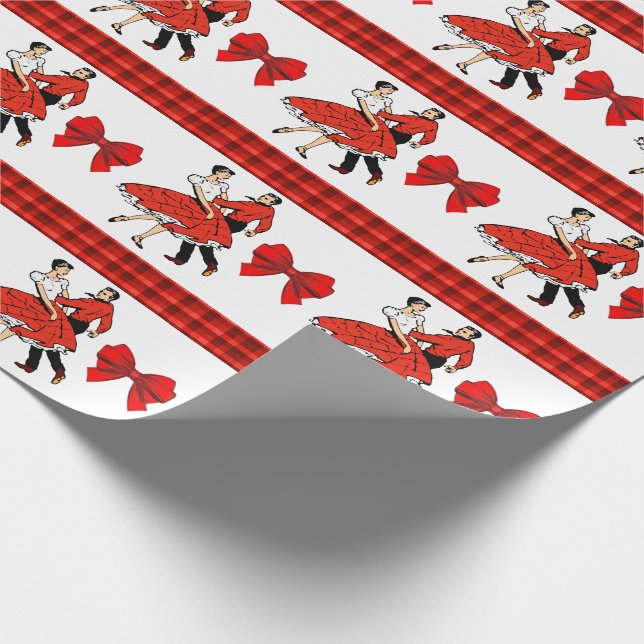 Papier Cadeau Couple De Danse carré Avec Plaid Rouge Et Bow (Coin)