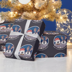 Papier Cadeau Couple de manchots de Noël Santa et rennes mignons