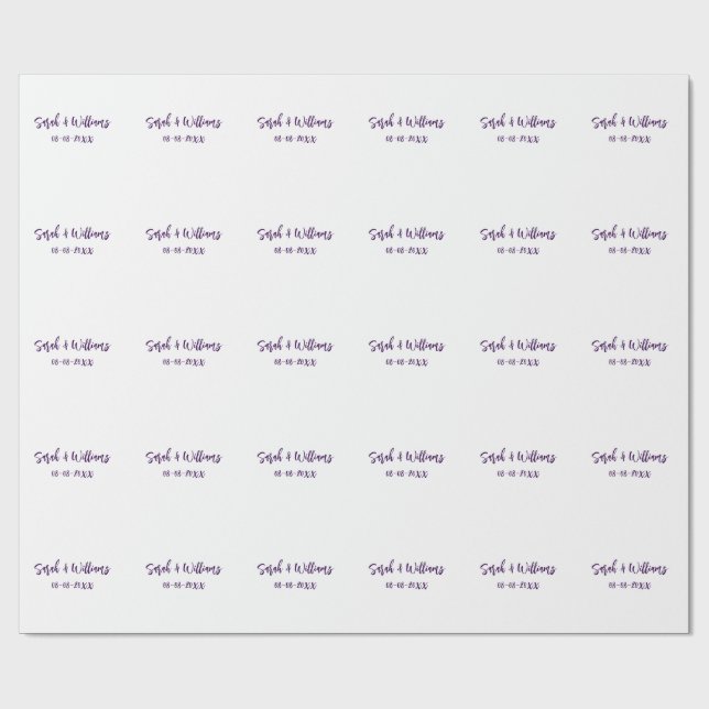 Papier Cadeau couple de mariages. Nom date violet simple mo mini (Plat)