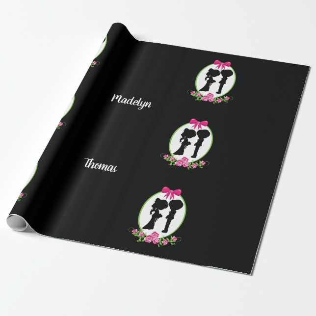 Papier Cadeau Couple Silhouette avec nom de mariée et de chambre (Déroulé)