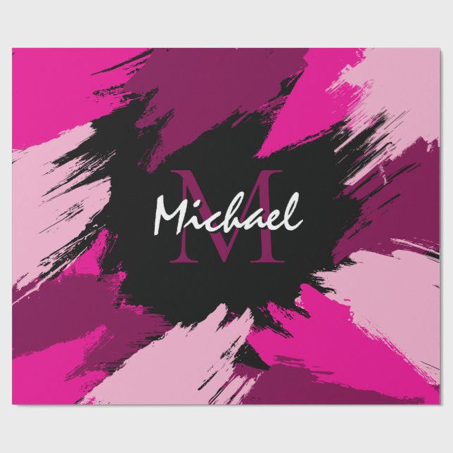 Papier Cadeau Coups de pinceau nuances de rose chaud nom avec mo (Plat)
