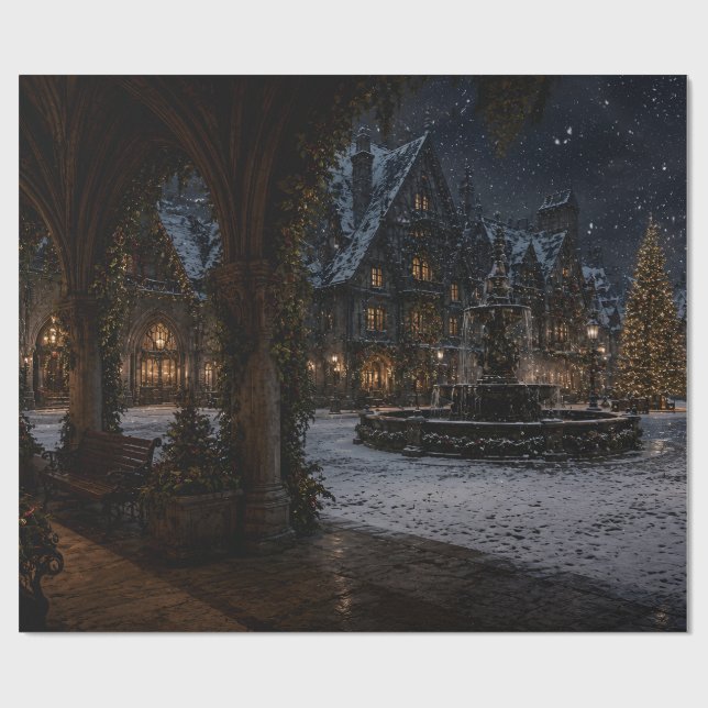 Papier cadeau Cour de château enneigé (Plat)