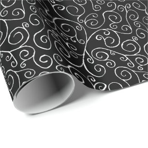 Papier Cadeau Courbes de défilement blanches sur noir