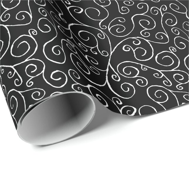 Papier Cadeau Courbes de défilement blanches sur noir (Coin rond)