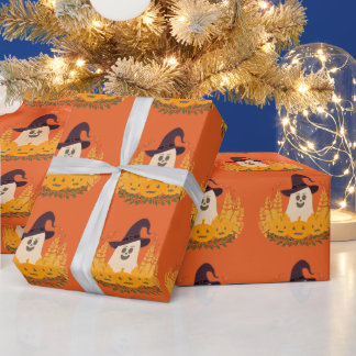Papier Cadeau Couronne d'automne de fantôme mignon et de citroui