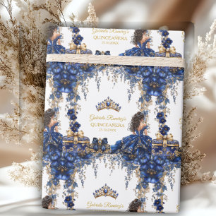 Papier Cadeau Couronne de Fleurs de Quinceañera en bleu royal et