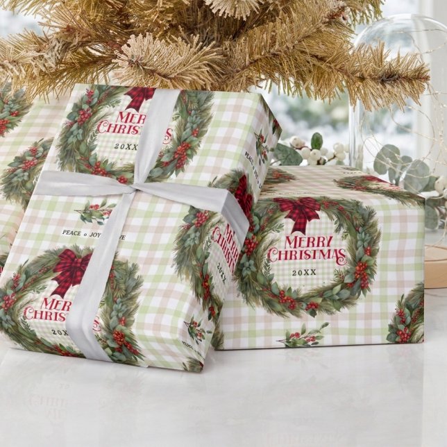 Papier Cadeau Couronne de gingham aquarelle Noël (Créateur téléchargé)
