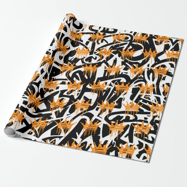 Papier Cadeau Couronne de graffiti tendance orange noir  (Déroulé)